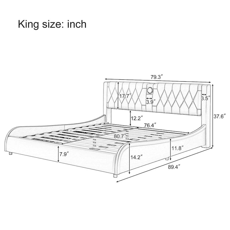 King LED Bed Frame with Bluetooth Speakers & Leather Upholstery
