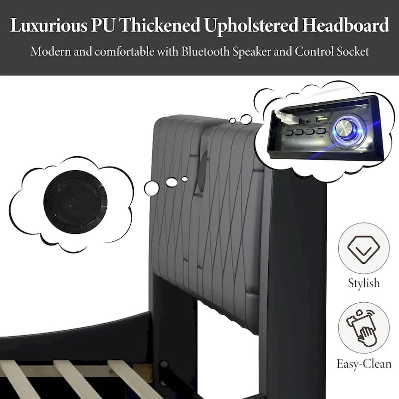 King LED Bed Frame with Bluetooth Speakers & Leather Upholstery