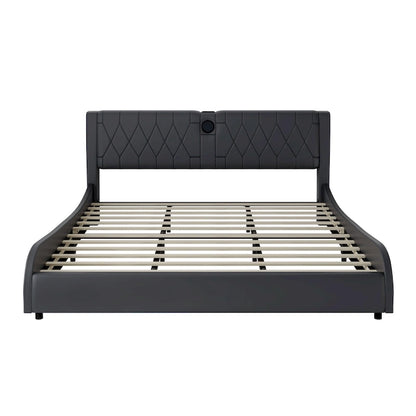 King LED Bed Frame with Bluetooth Speakers & Leather Upholstery