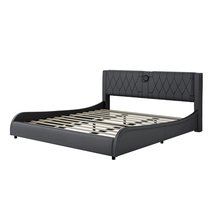 King LED Bed Frame with Bluetooth Speakers & Leather Upholstery