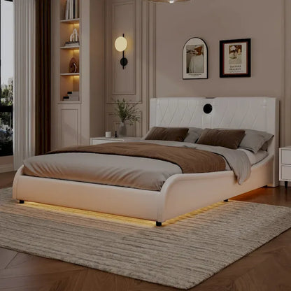 King LED Bed Frame with Bluetooth Speakers & Leather Upholstery