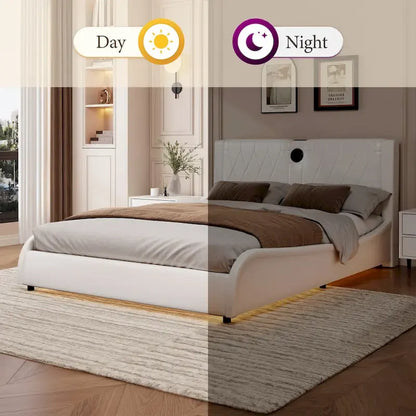 King LED Bed Frame with Bluetooth Speakers & Leather Upholstery