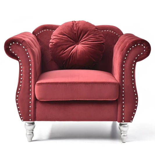 Solid Velvet Accent Chair with Tufted Round Pillow - 39 - Red