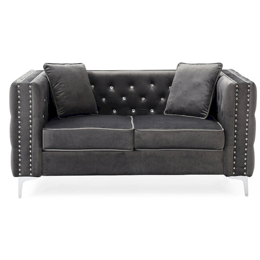 Tufted Nailhead Trim Velvet 2-Seater Sofa with Throw Pillows - 63 - Gray