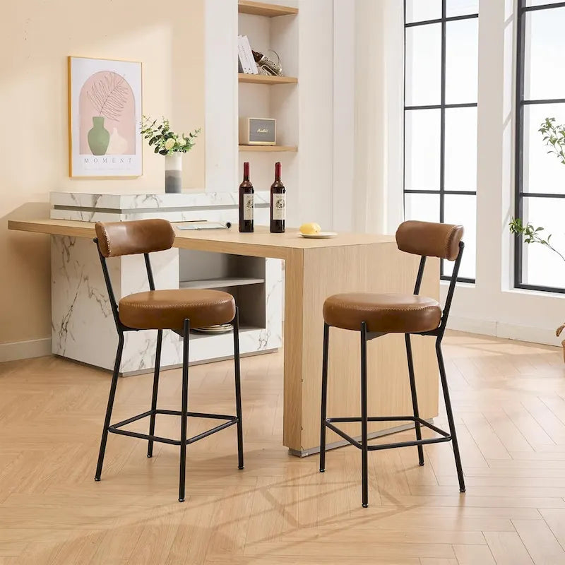 27 Modern Counter Stools Set of 2, Leather Bar Stools with Back & Pedals & Metal Legs