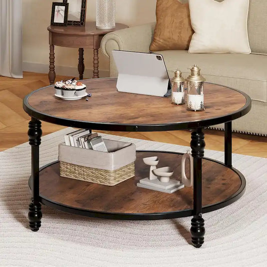 Coffee Table Round Rustic Center Table with Storage Shelf