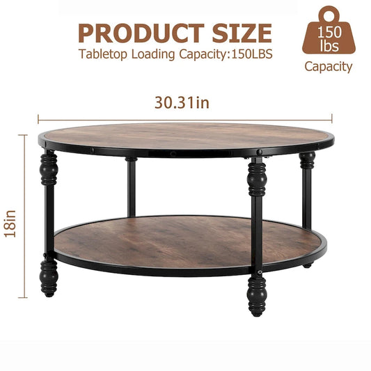 Coffee Table Round Rustic Center Table with Storage Shelf