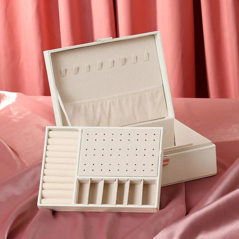 2 Layer Jewelry Box for Girl Women Birthday Gifts, PU Leather Jewelry Organizer Case Storage with Drawer, Removable Jewelry Tray