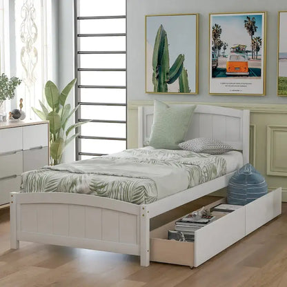 Twin Size Platform Bed with Two Drawers, White