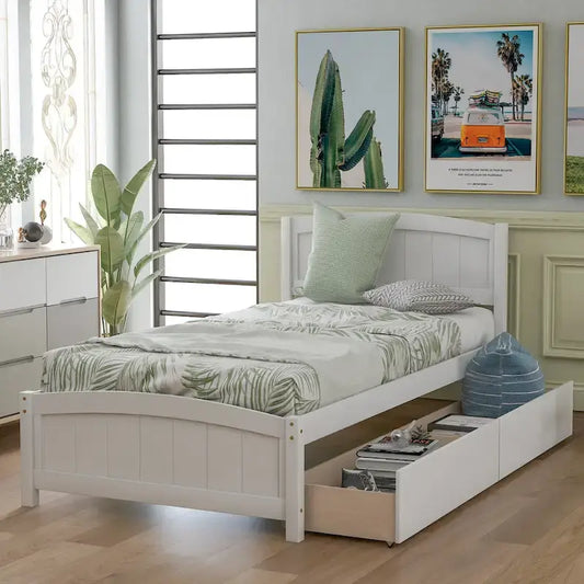 Twin Size Platform Bed with Two Drawers, White