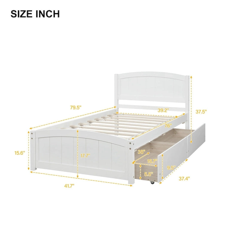Twin Size Platform Bed with Two Drawers, White