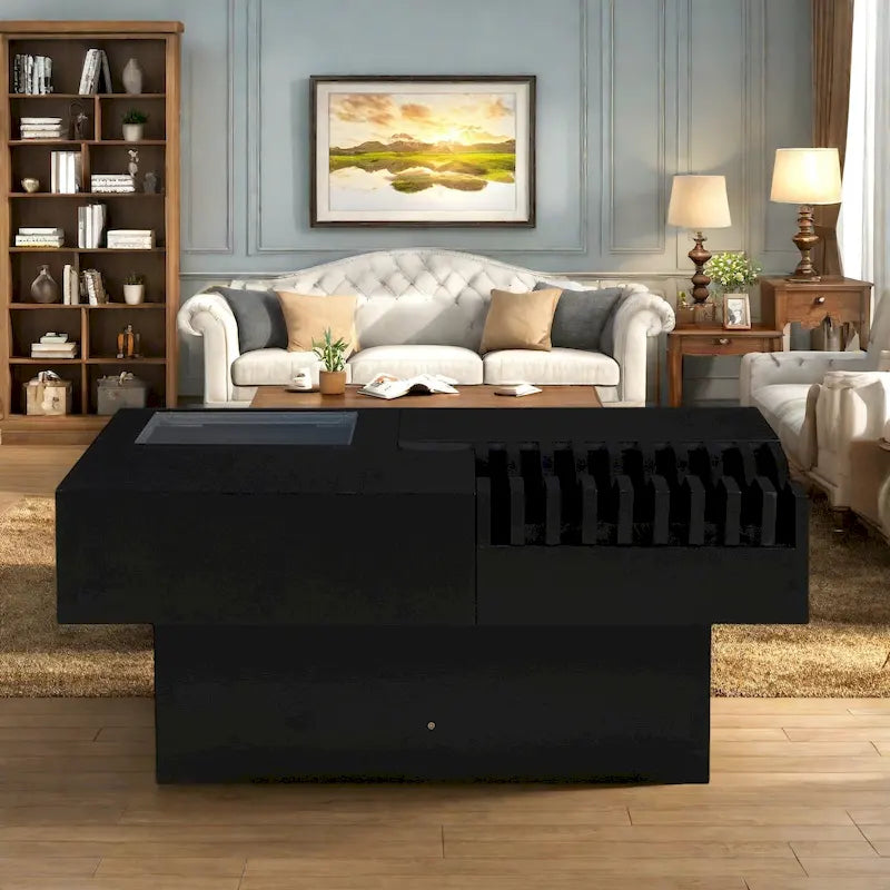 33 Solid Wood Multifunctional Square Coffee Table with Wave Design, Storage Drawers