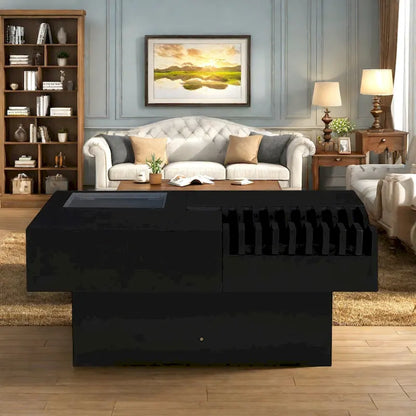 33 Solid Wood Multifunctional Square Coffee Table with Wave Design, Storage Drawers