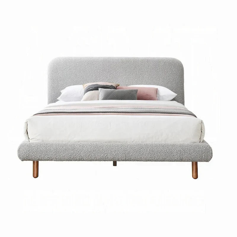 Damazy King Size Bed, Curved Edges, Gray Boucle Upholstery, Brown Wood