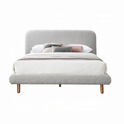 Damazy King Size Bed, Curved Edges, Gray Boucle Upholstery, Brown Wood