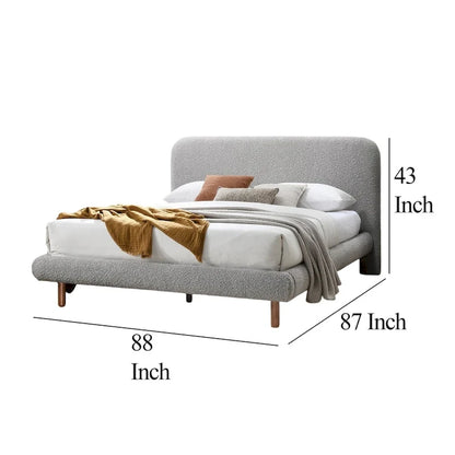 Damazy King Size Bed, Curved Edges, Gray Boucle Upholstery, Brown Wood