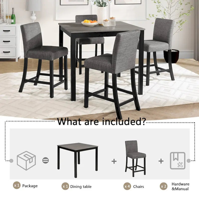 5 Piece Counter Height Table Set, Wooden Kitchen Table and Chairs Set with Square Table and 4 Upholstered Chairs