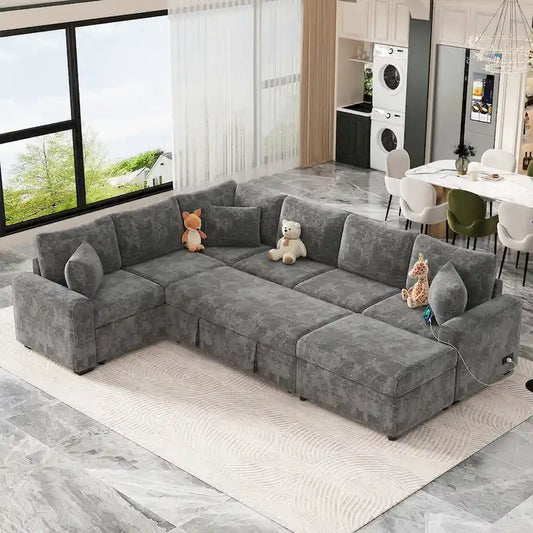 Roomfitters Sectional Sofa Pull-Out Bed Sleeper with Storage Ottoman, Three Pillows, and Built-In Charging Devices
