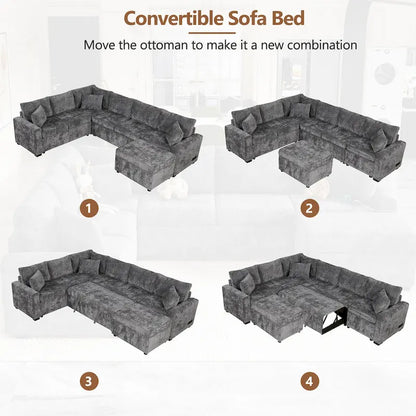 Roomfitters Sectional Sofa Pull-Out Bed Sleeper with Storage Ottoman, Three Pillows, and Built-In Charging Devices