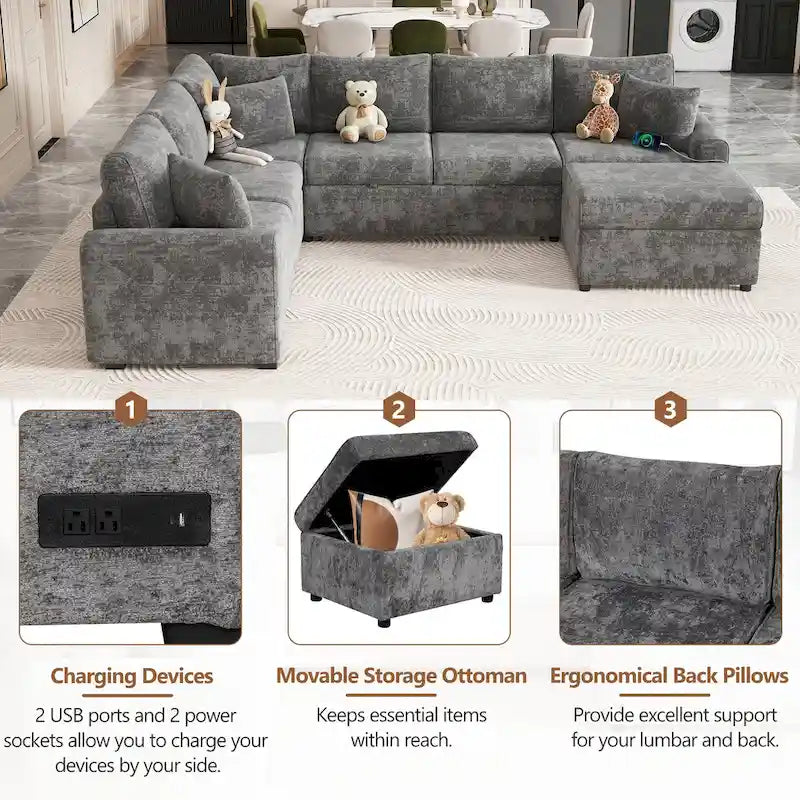 Roomfitters Sectional Sofa Pull-Out Bed Sleeper with Storage Ottoman, Three Pillows, and Built-In Charging Devices