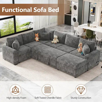 Roomfitters Sectional Sofa Pull-Out Bed Sleeper with Storage Ottoman, Three Pillows, and Built-In Charging Devices