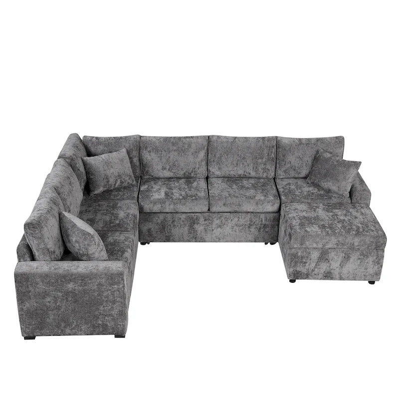 Roomfitters Sectional Sofa Pull-Out Bed Sleeper with Storage Ottoman, Three Pillows, and Built-In Charging Devices