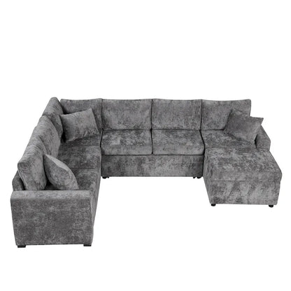 Roomfitters Sectional Sofa Pull-Out Bed Sleeper with Storage Ottoman, Three Pillows, and Built-In Charging Devices