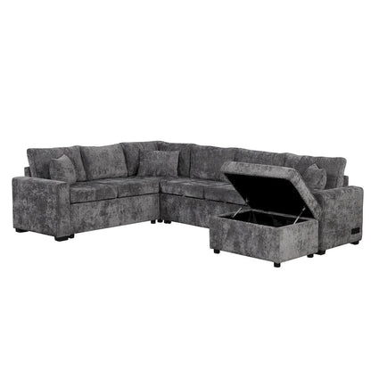 Roomfitters Sectional Sofa Pull-Out Bed Sleeper with Storage Ottoman, Three Pillows, and Built-In Charging Devices
