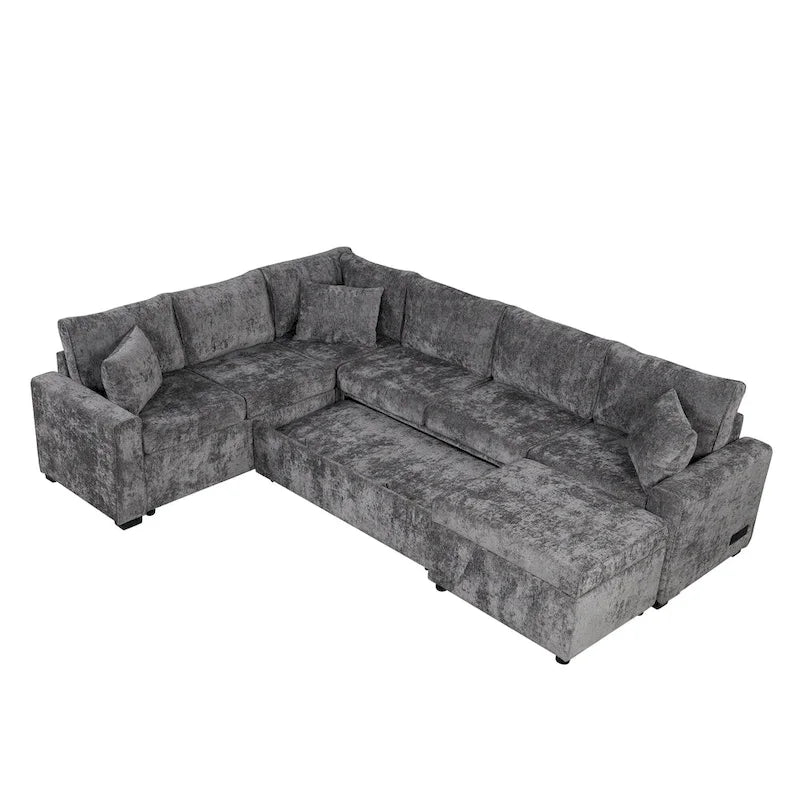 Roomfitters Sectional Sofa Pull-Out Bed Sleeper with Storage Ottoman, Three Pillows, and Built-In Charging Devices