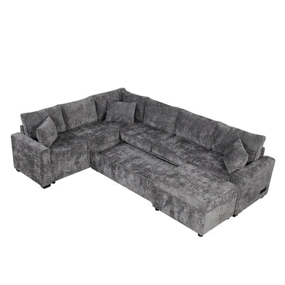 Roomfitters Sectional Sofa Pull-Out Bed Sleeper with Storage Ottoman, Three Pillows, and Built-In Charging Devices
