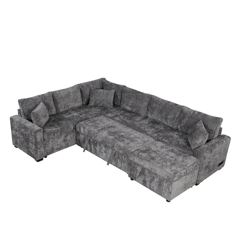 Roomfitters Sectional Sofa Pull-Out Bed Sleeper with Storage Ottoman, Three Pillows, and Built-In Charging Devices