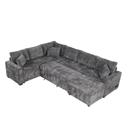Roomfitters Sectional Sofa Pull-Out Bed Sleeper with Storage Ottoman, Three Pillows, and Built-In Charging Devices