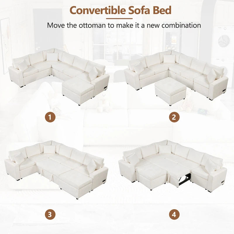 Roomfitters Sectional Sofa Pull-Out Bed Sleeper with Storage Ottoman, Three Pillows, and Built-In Charging Devices