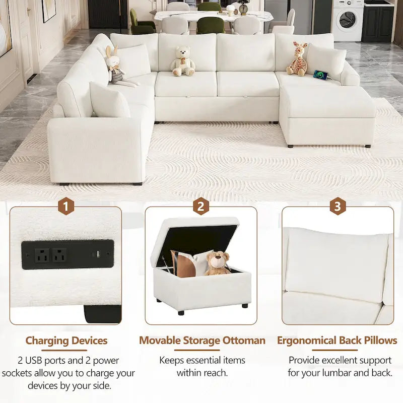 Roomfitters Sectional Sofa Pull-Out Bed Sleeper with Storage Ottoman, Three Pillows, and Built-In Charging Devices