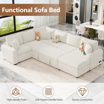 Roomfitters Sectional Sofa Pull-Out Bed Sleeper with Storage Ottoman, Three Pillows, and Built-In Charging Devices