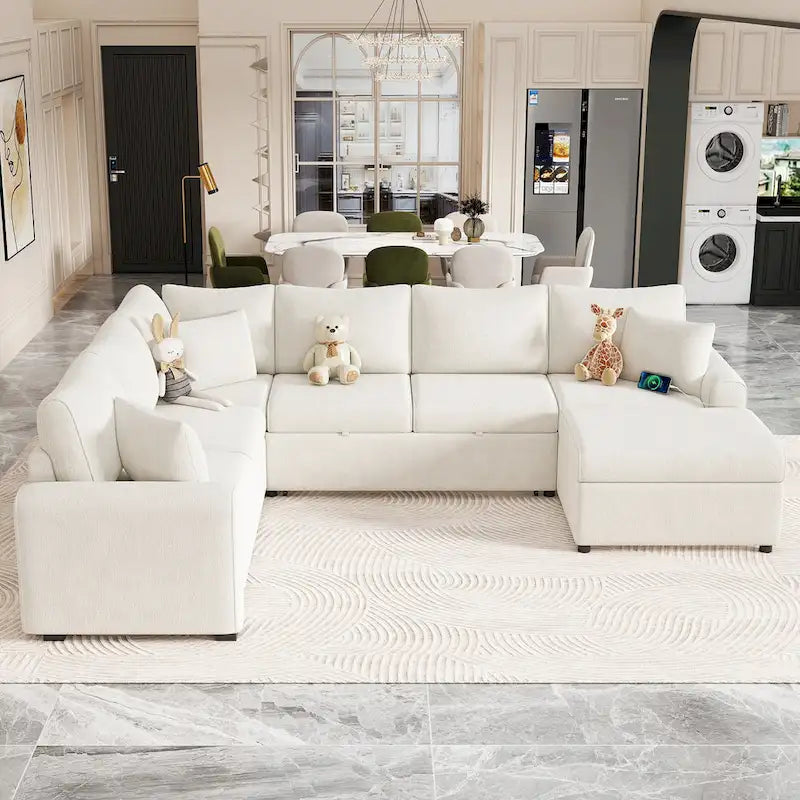 Roomfitters Sectional Sofa Pull-Out Bed Sleeper with Storage Ottoman, Three Pillows, and Built-In Charging Devices
