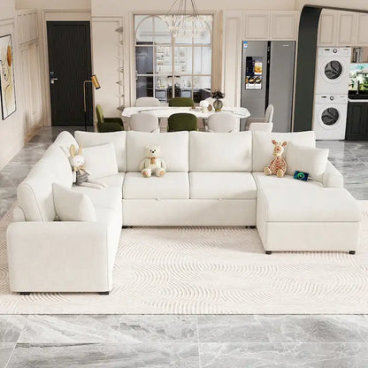 Roomfitters Sectional Sofa Pull-Out Bed Sleeper with Storage Ottoman, Three Pillows, and Built-In Charging Devices