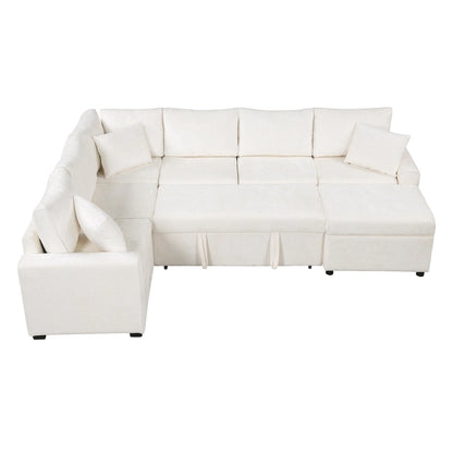 Roomfitters Sectional Sofa Pull-Out Bed Sleeper with Storage Ottoman, Three Pillows, and Built-In Charging Devices