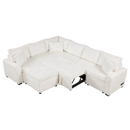 Roomfitters Sectional Sofa Pull-Out Bed Sleeper with Storage Ottoman, Three Pillows, and Built-In Charging Devices