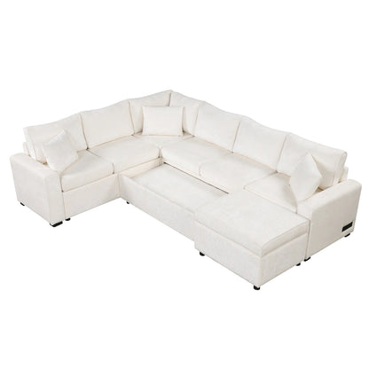 Roomfitters Sectional Sofa Pull-Out Bed Sleeper with Storage Ottoman, Three Pillows, and Built-In Charging Devices