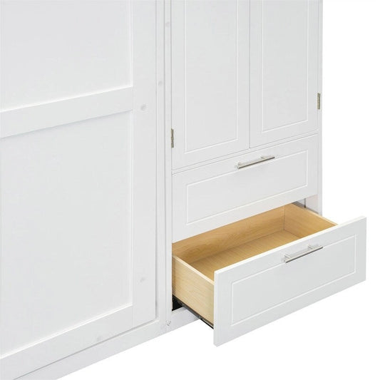 Queen Size Murphy Bed Wall Bed with Wardrobe, Top Cabinets and Storage Shelves, Foldable Murphy Cabinet Bed with 2 Drawers