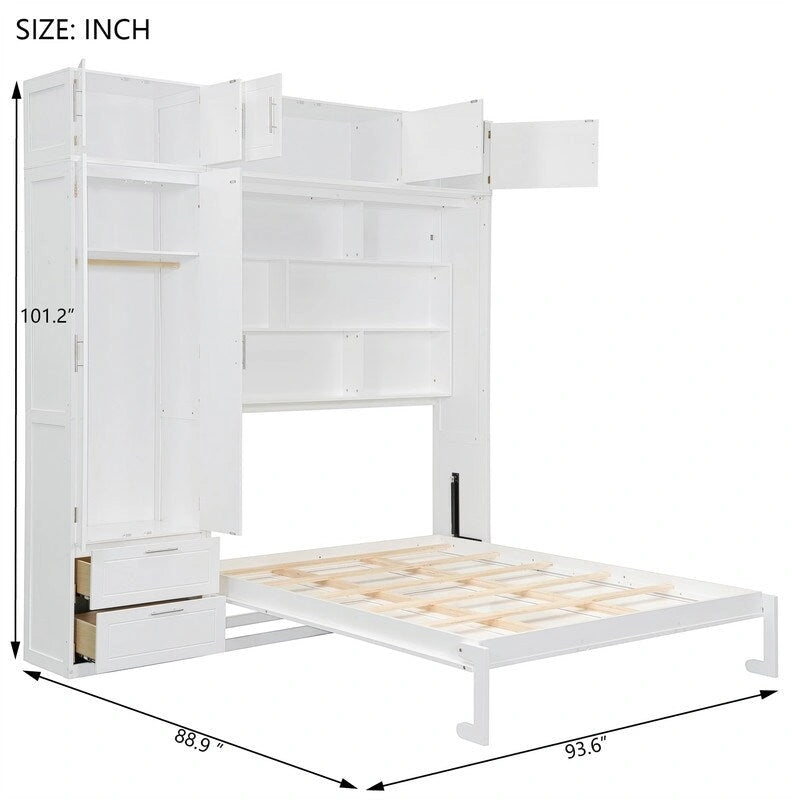 Queen Size Murphy Bed Wall Bed with Wardrobe, Top Cabinets and Storage Shelves, Foldable Murphy Cabinet Bed with 2 Drawers