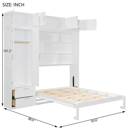 Queen Size Murphy Bed Wall Bed with Wardrobe, Top Cabinets and Storage Shelves, Foldable Murphy Cabinet Bed with 2 Drawers