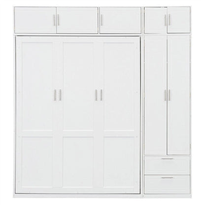 Queen Size Murphy Bed Wall Bed with Wardrobe, Top Cabinets and Storage Shelves, Foldable Murphy Cabinet Bed with 2 Drawers