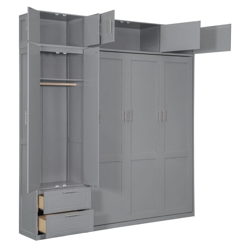 Queen Size Murphy Bed Wall Bed with Wardrobe, Top Cabinets and Storage Shelves, Foldable Murphy Cabinet Bed with 2 Drawers
