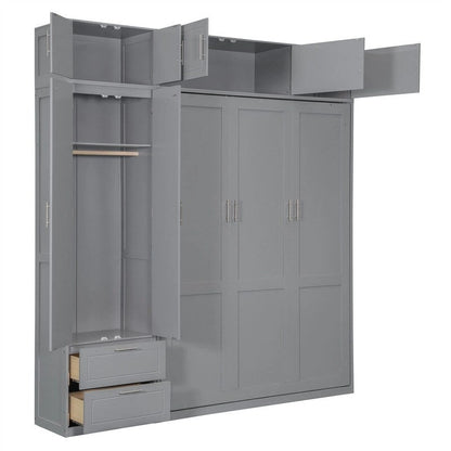 Queen Size Murphy Bed Wall Bed with Wardrobe, Top Cabinets and Storage Shelves, Foldable Murphy Cabinet Bed with 2 Drawers