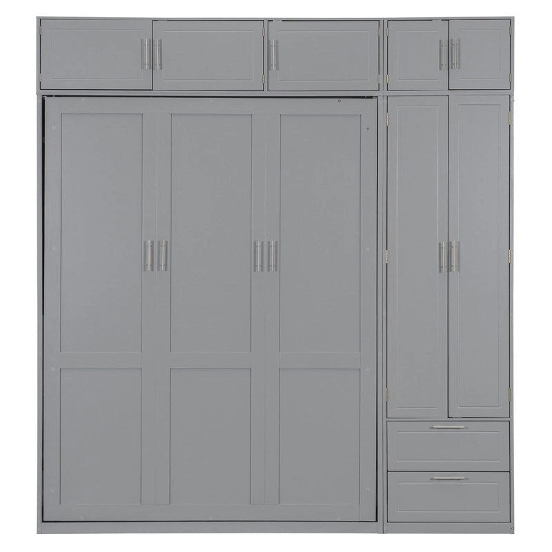 Queen Size Murphy Bed Wall Bed with Wardrobe, Top Cabinets and Storage Shelves, Foldable Murphy Cabinet Bed with 2 Drawers