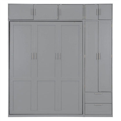 Queen Size Murphy Bed Wall Bed with Wardrobe, Top Cabinets and Storage Shelves, Foldable Murphy Cabinet Bed with 2 Drawers
