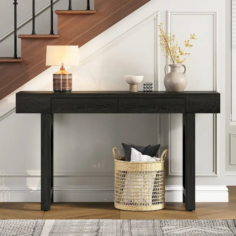 Narrow Console Table with Rattan Accent(Antique Black)