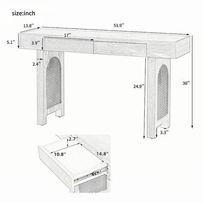 Narrow Console Table with Rattan Accent(Antique Black)